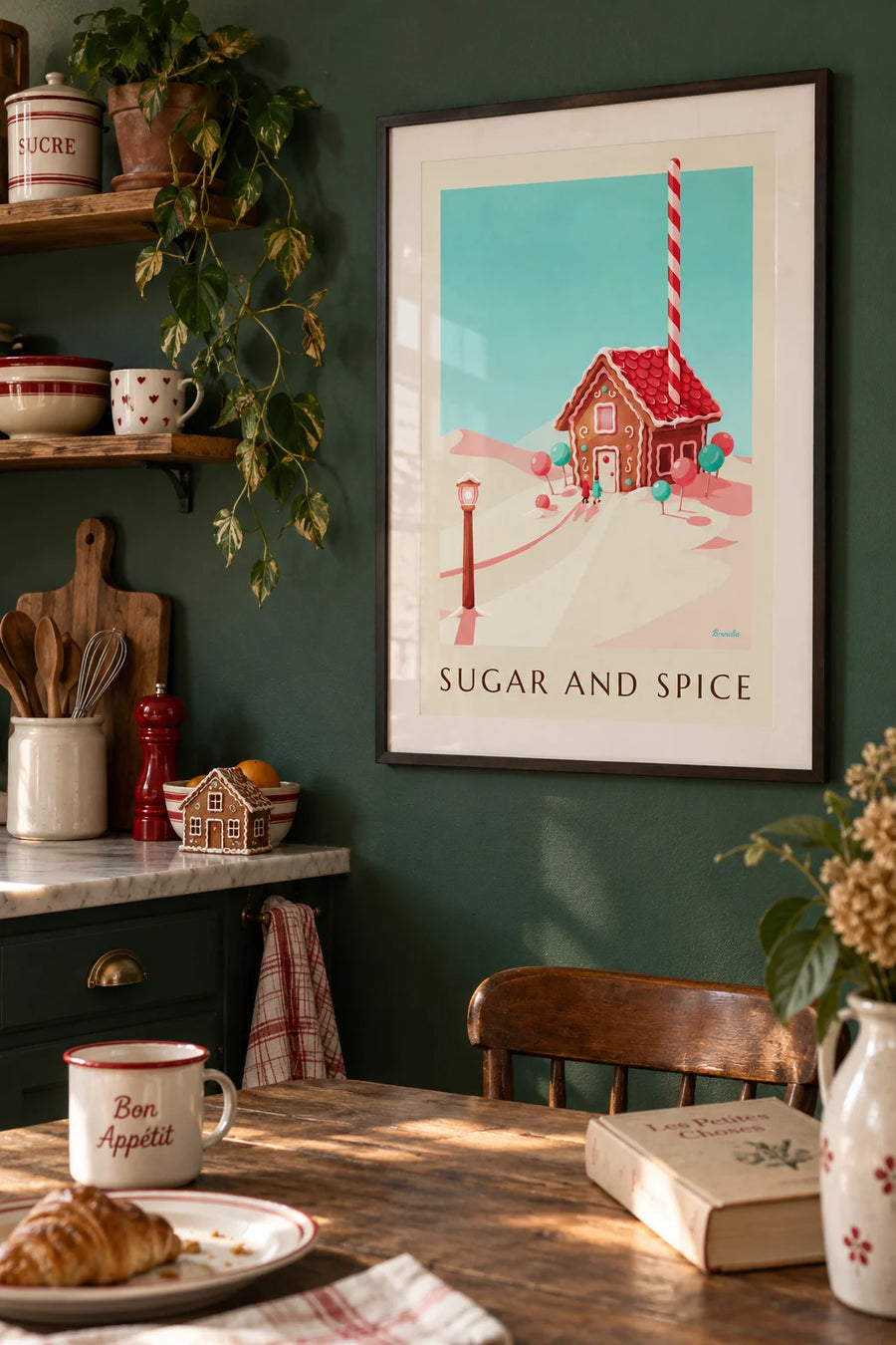 Affiche maison en pain d'épices et bonbons dans la neige : encadrée au mur