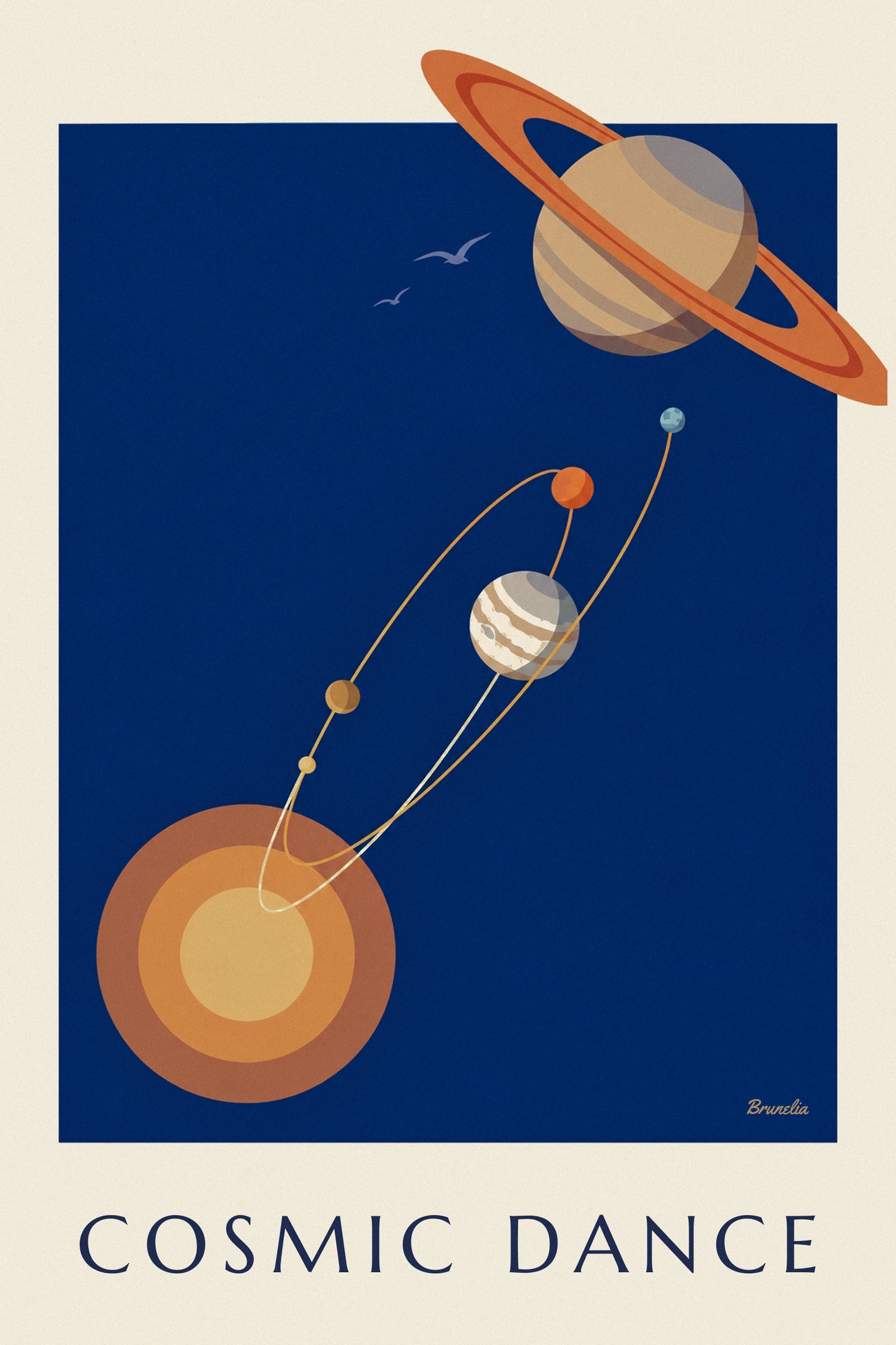 Le Soleil en 3 anneaux orange et ocre, avec les orbites dorées de 2 petites planètes