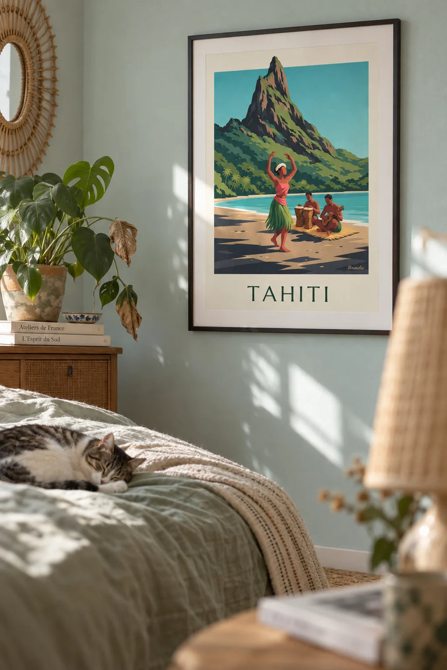 Poster of a Tahitian dancer and musicians on a beach in Tahiti: framed on the wall