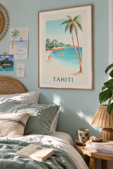 Poster tropische Lagune von Tahiti und Bungalows auf Stelzen: gerahmt an der Wand