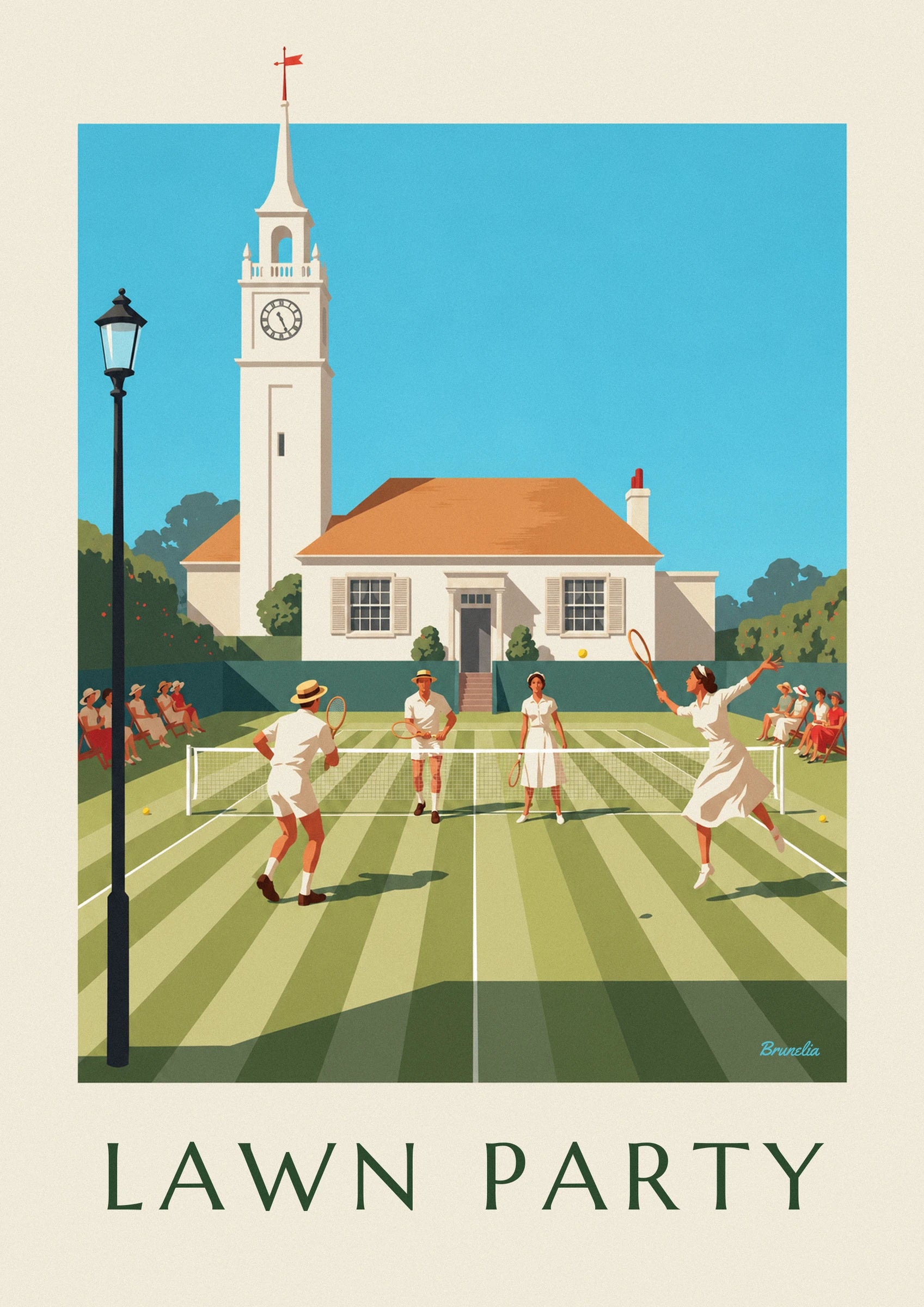 Poster Tennismatch auf Rasen im Mixed-Doppel mit Clubhaus: Detail in Nahaufnahme