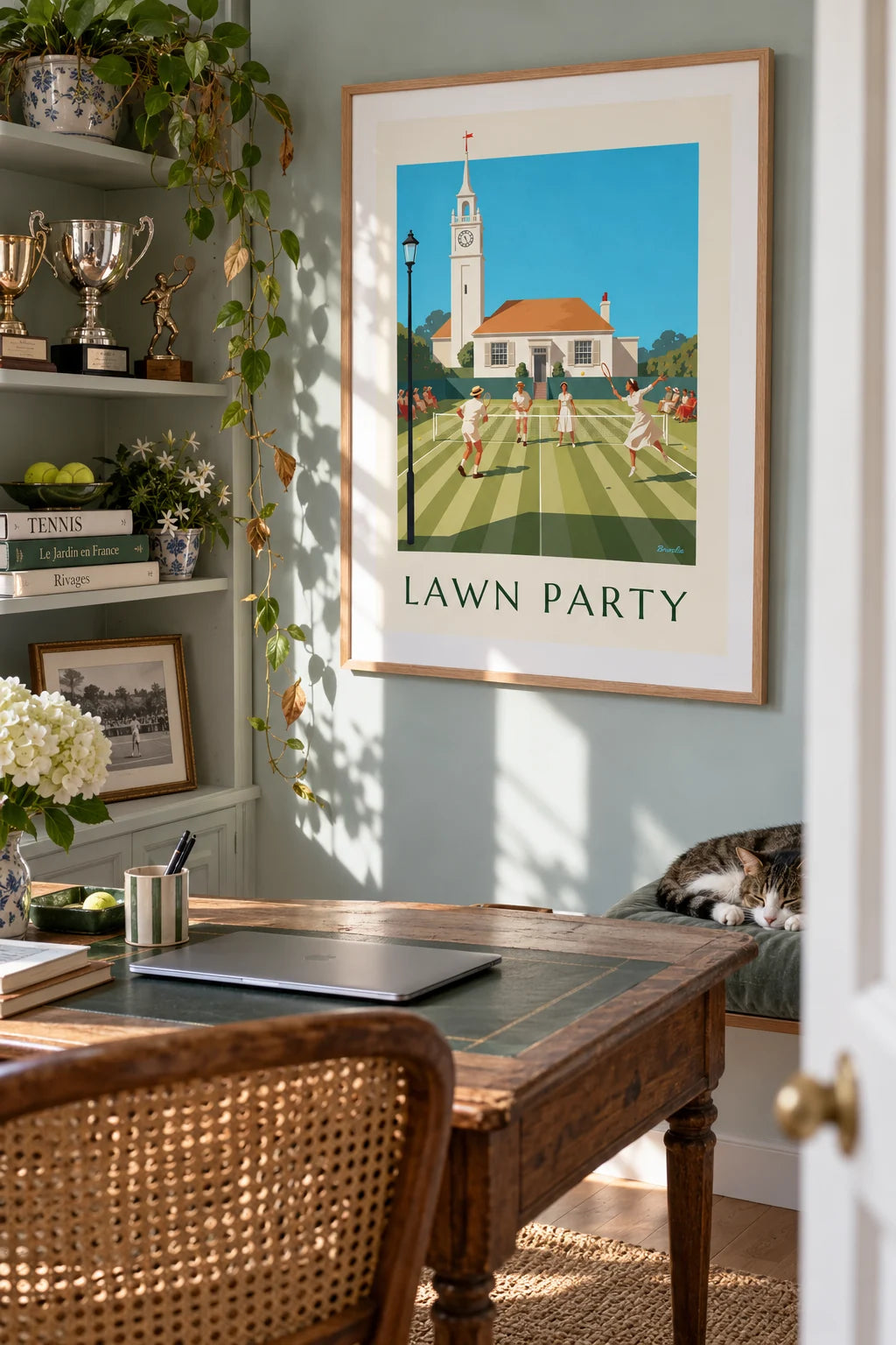 Mixed doubles grass court tennis match and clubhouse poster on the wall