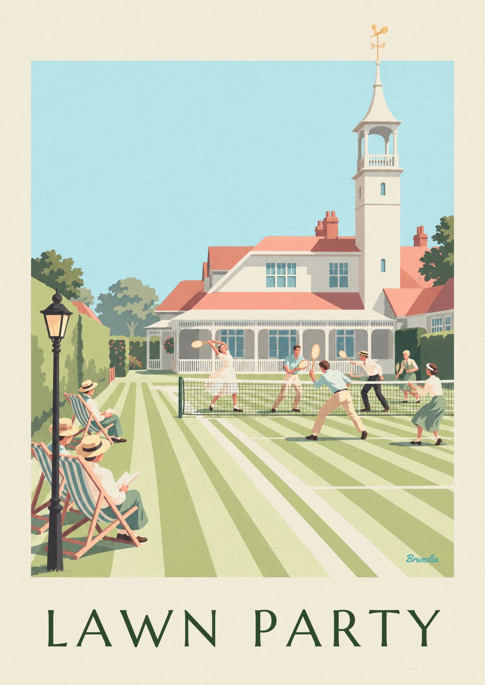 Tennis players around the net, in front of the clubhouse with orange roofs