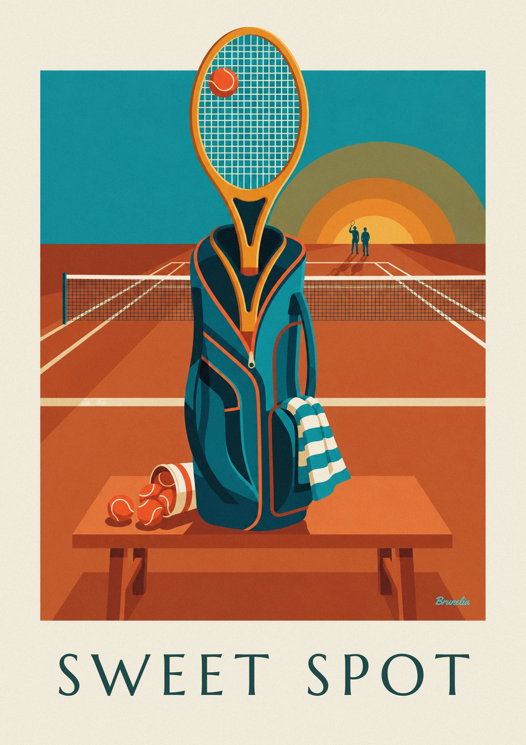 Die blaue Tennistasche mit orangefarbenem Besatz, ihr gestreiftes Handtuch und die Bälle auf dem Platz