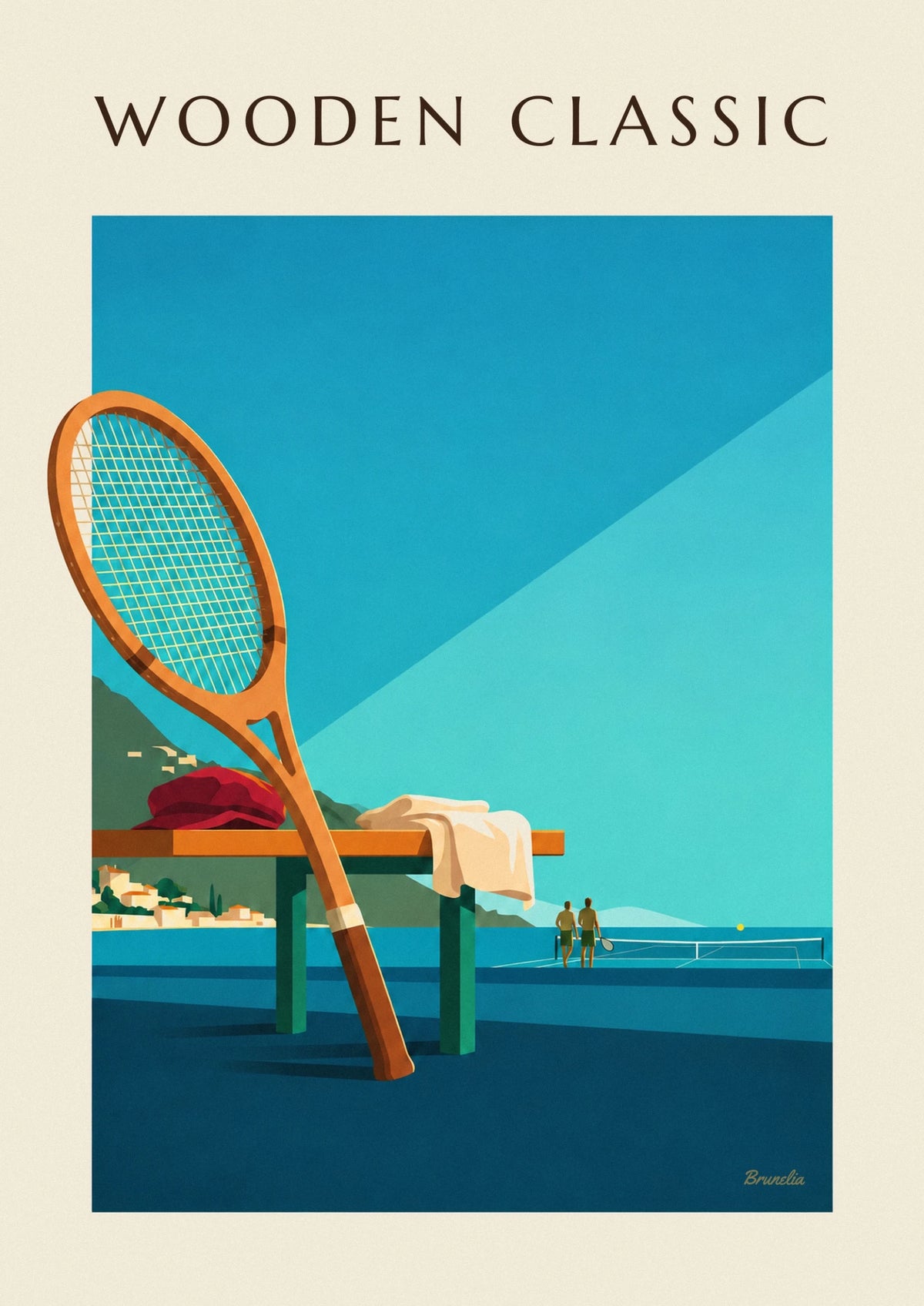 Wooden tennis racket by a seaside court poster