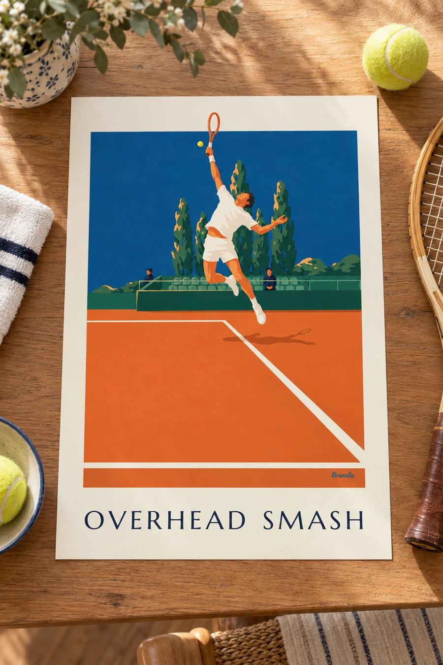 Poster of a tennis player mid-smash on a clay court: on a table