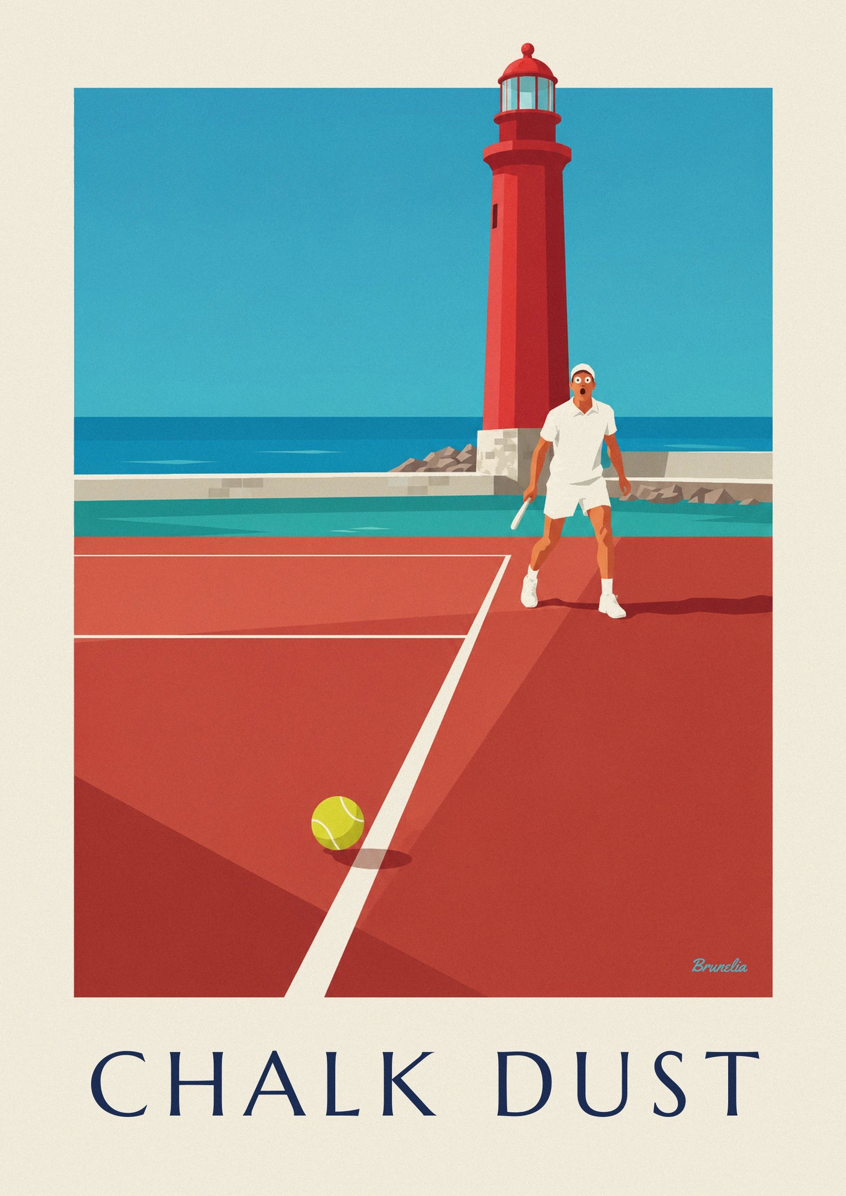 The yellow tennis ball beside the white line on the red court