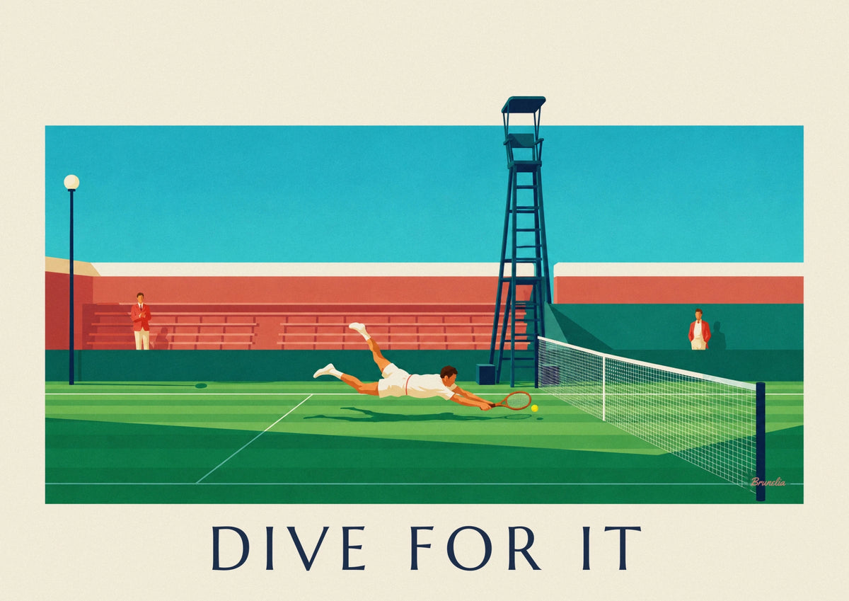 Tennis player diving for the ball poster