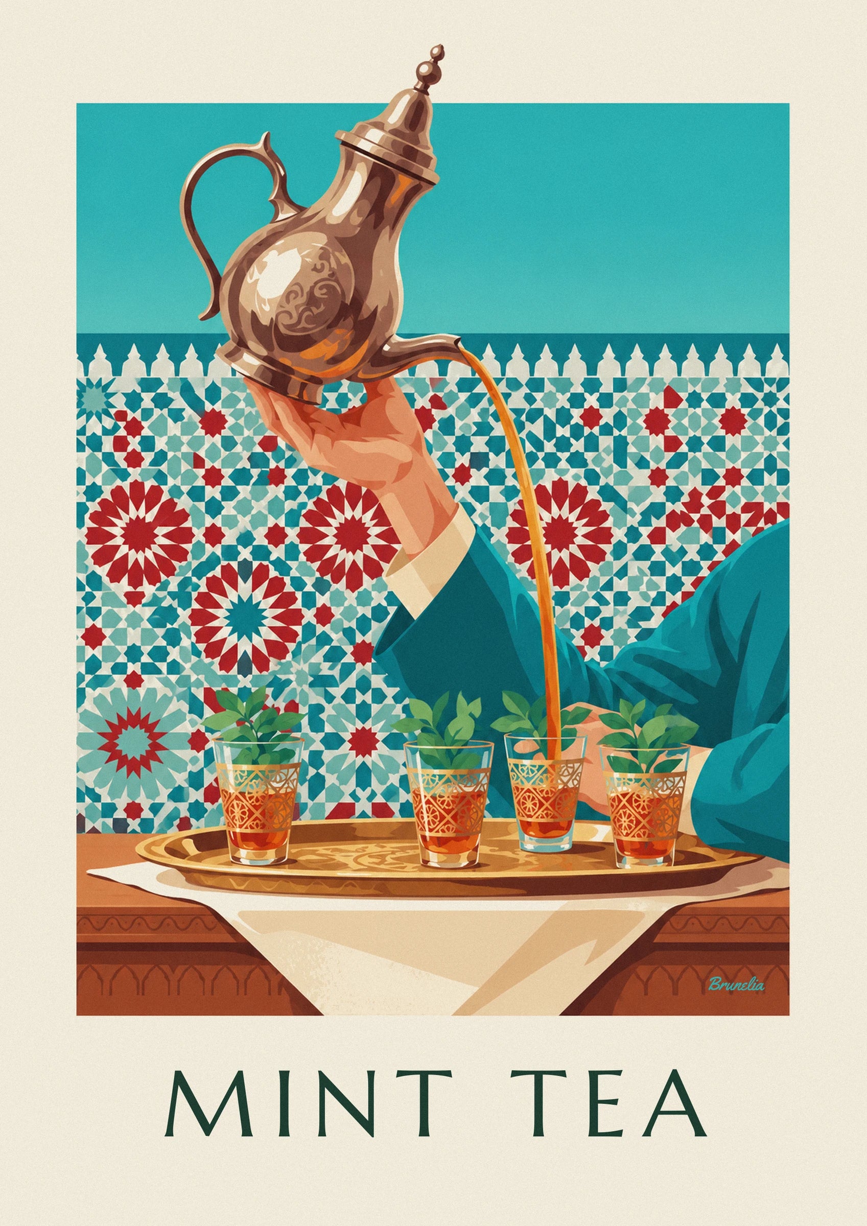 Mint tea in engraved glasses poster: close-up detail