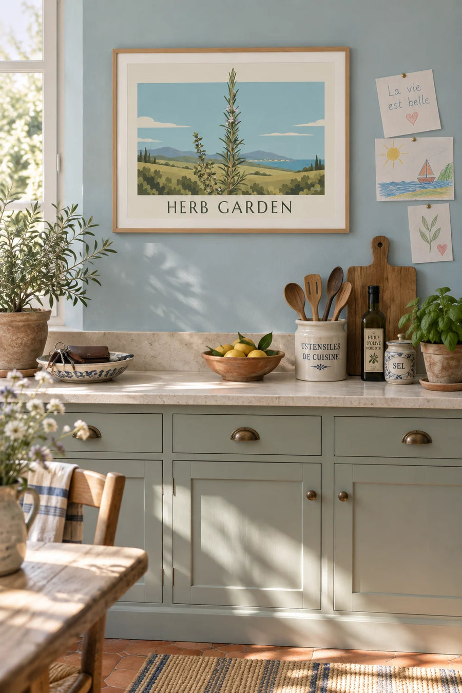Poster of a botanical plate of thyme and rosemary in bloom: framed on the wall