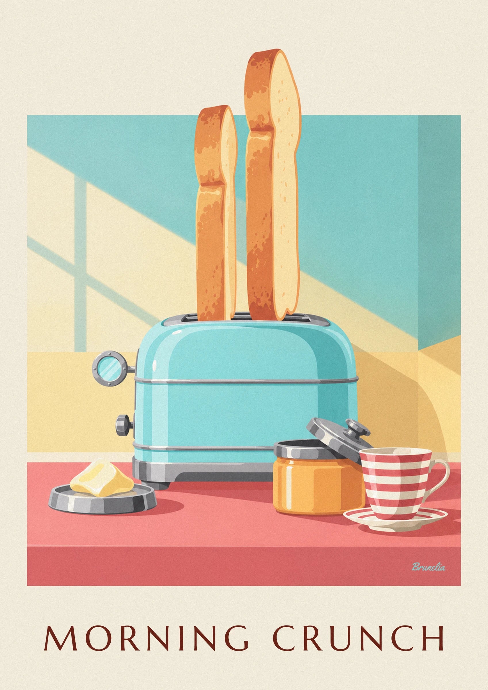 The turquoise toaster with chrome trim beside the open jam jar