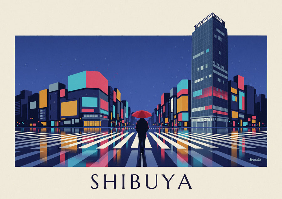 Rainy night Shibuya crossing poster