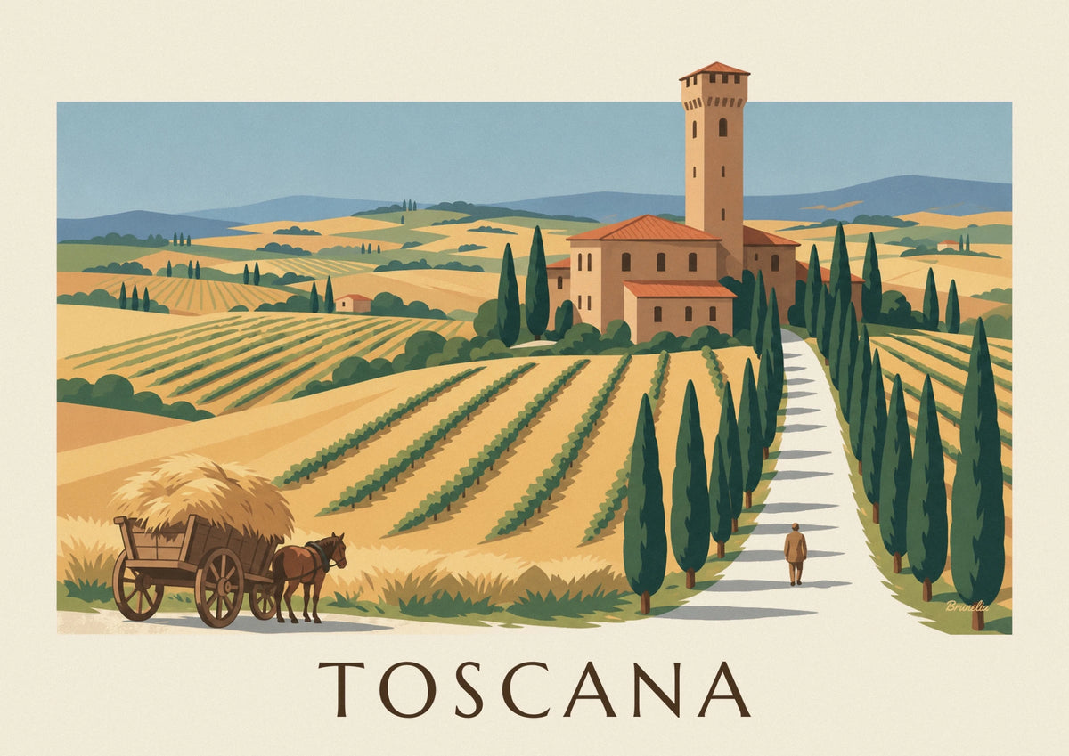 Affiche villa toscane, allée de cyprès et collines de blé