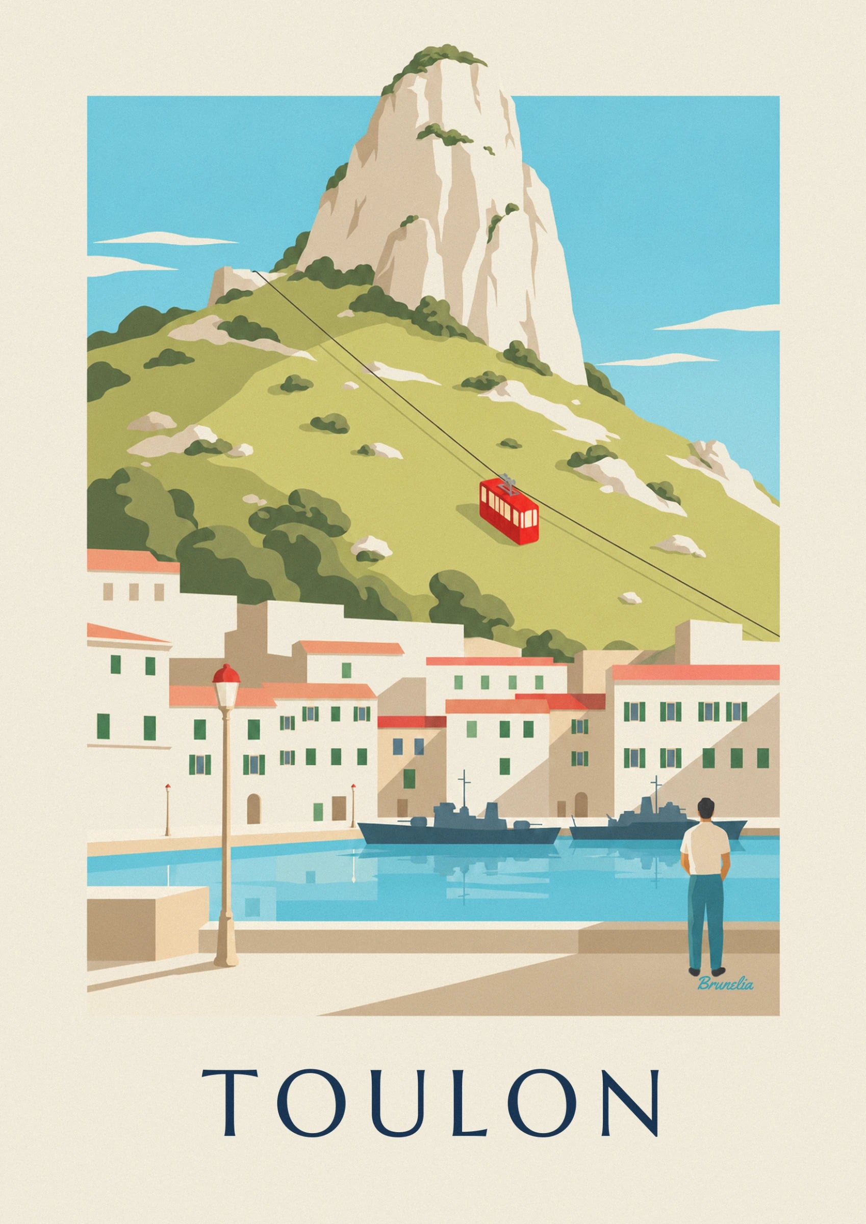 The rock of Faron overlooking the green hill, with the red cable car on its cable
