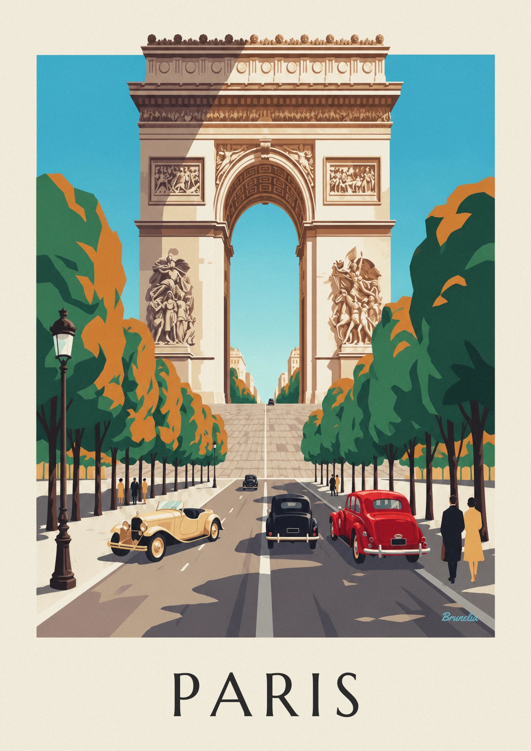 Arc de triomphe and its large sculpted reliefs beneath a blue sky