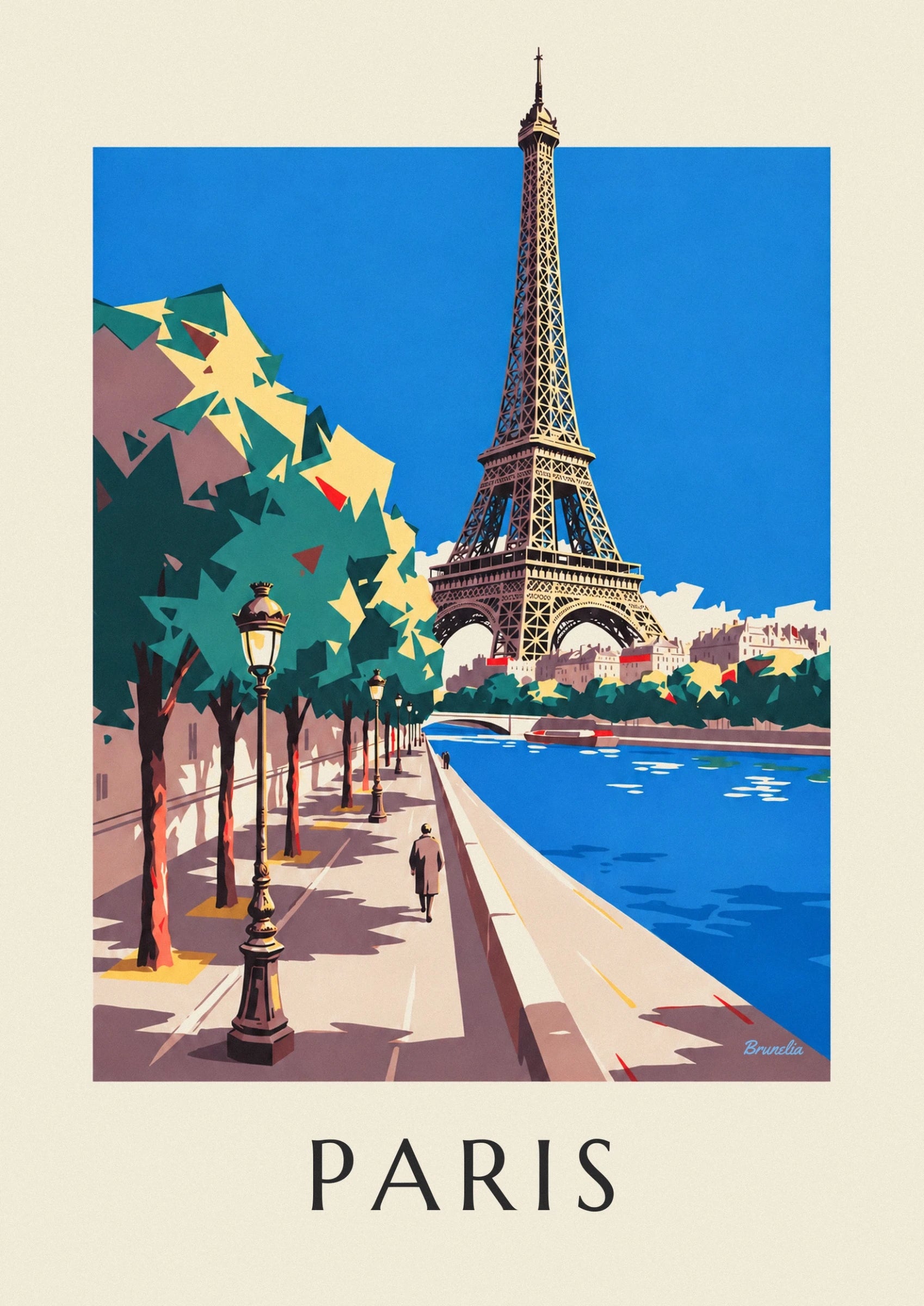 The open framework of the Eiffel Tower above the buildings and trees