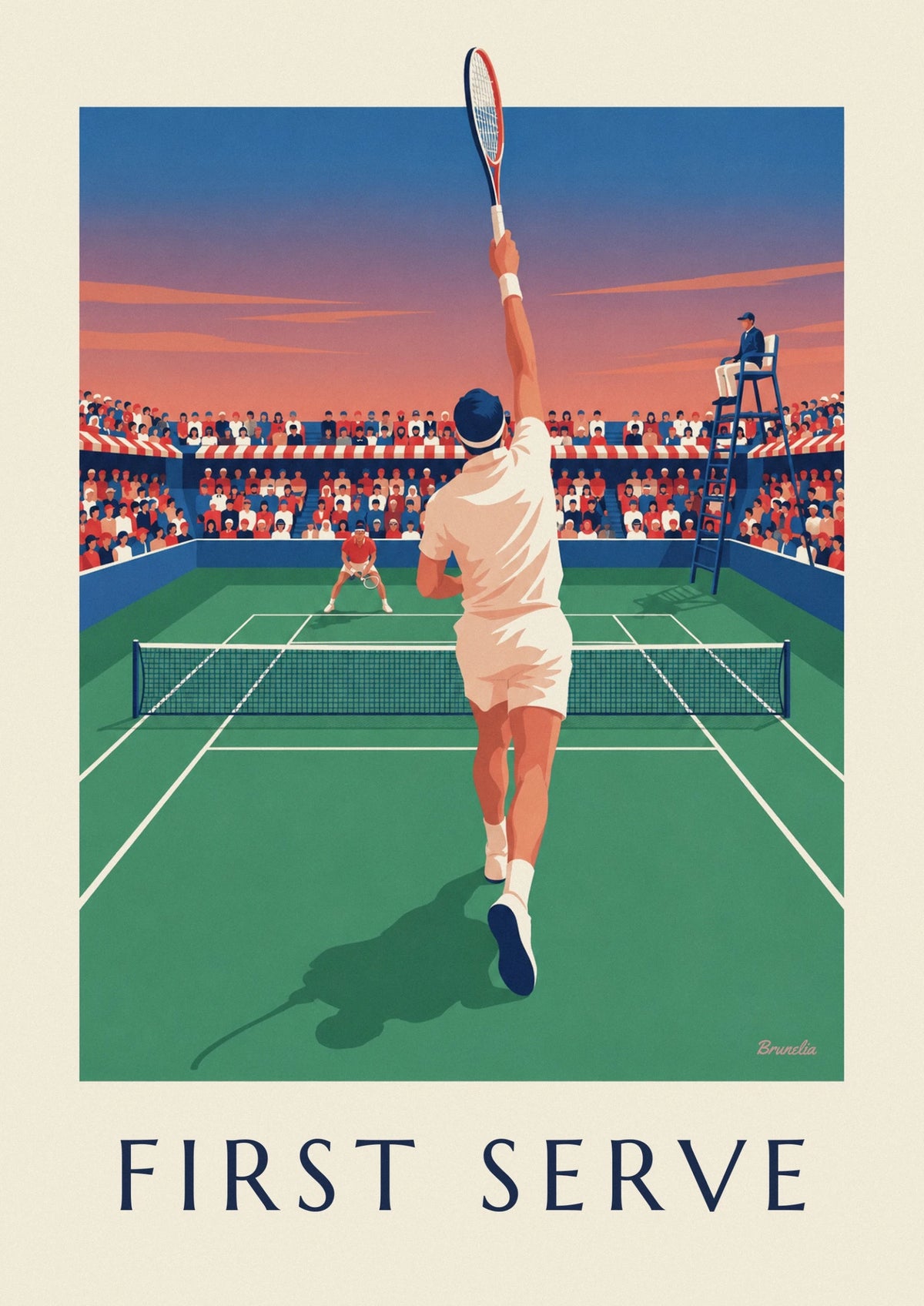 Affiche joueur de tennis au service sur gazon en tournoi