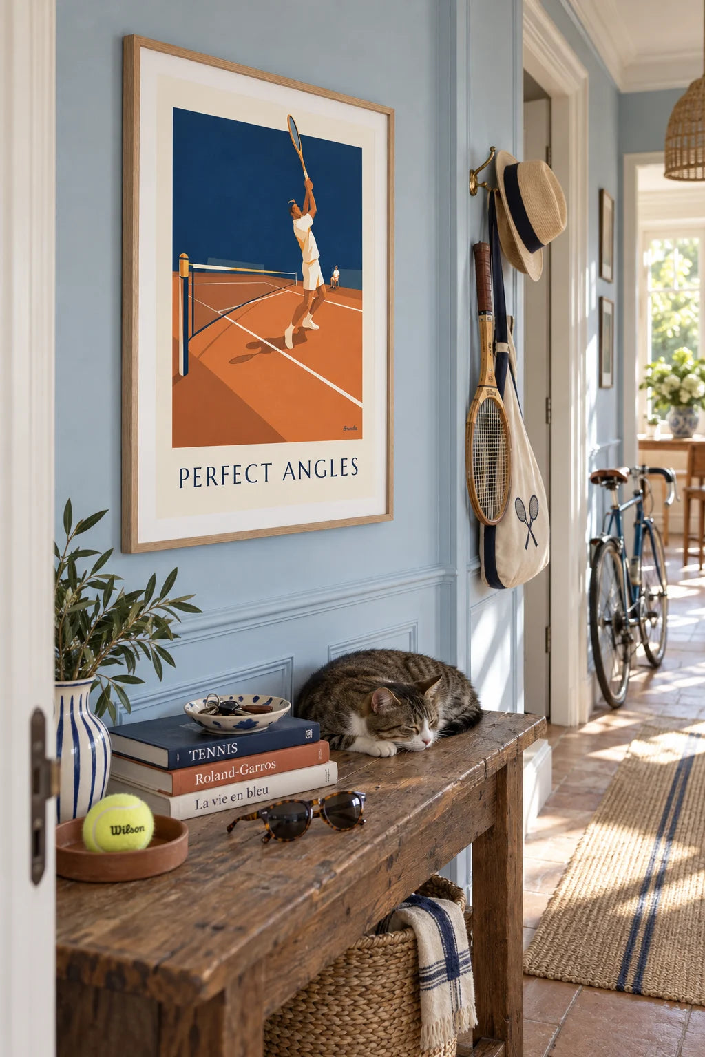 Geometric tennis player on clay court poster on the wall