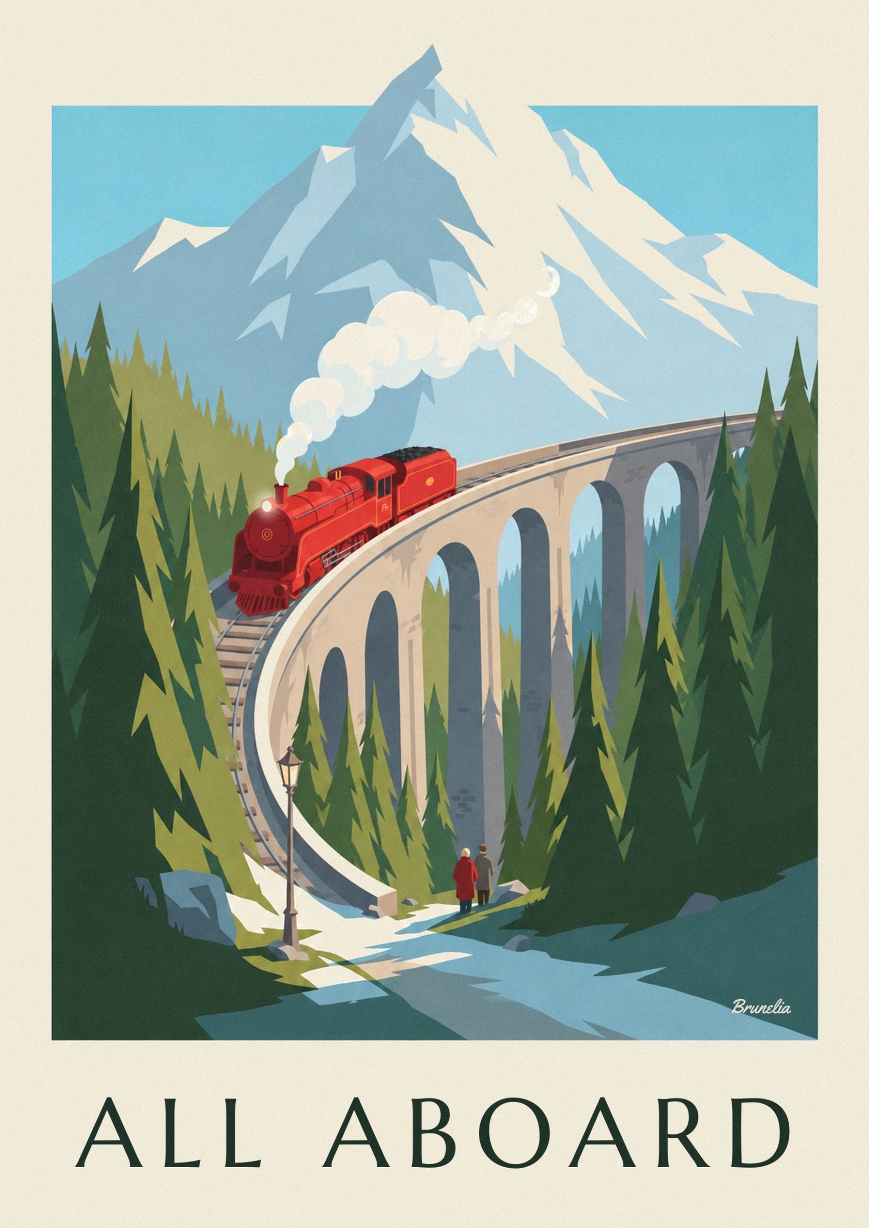Die rote Lokomotive und ihr mit Kohle gefüllter Tender auf dem Steinviadukt