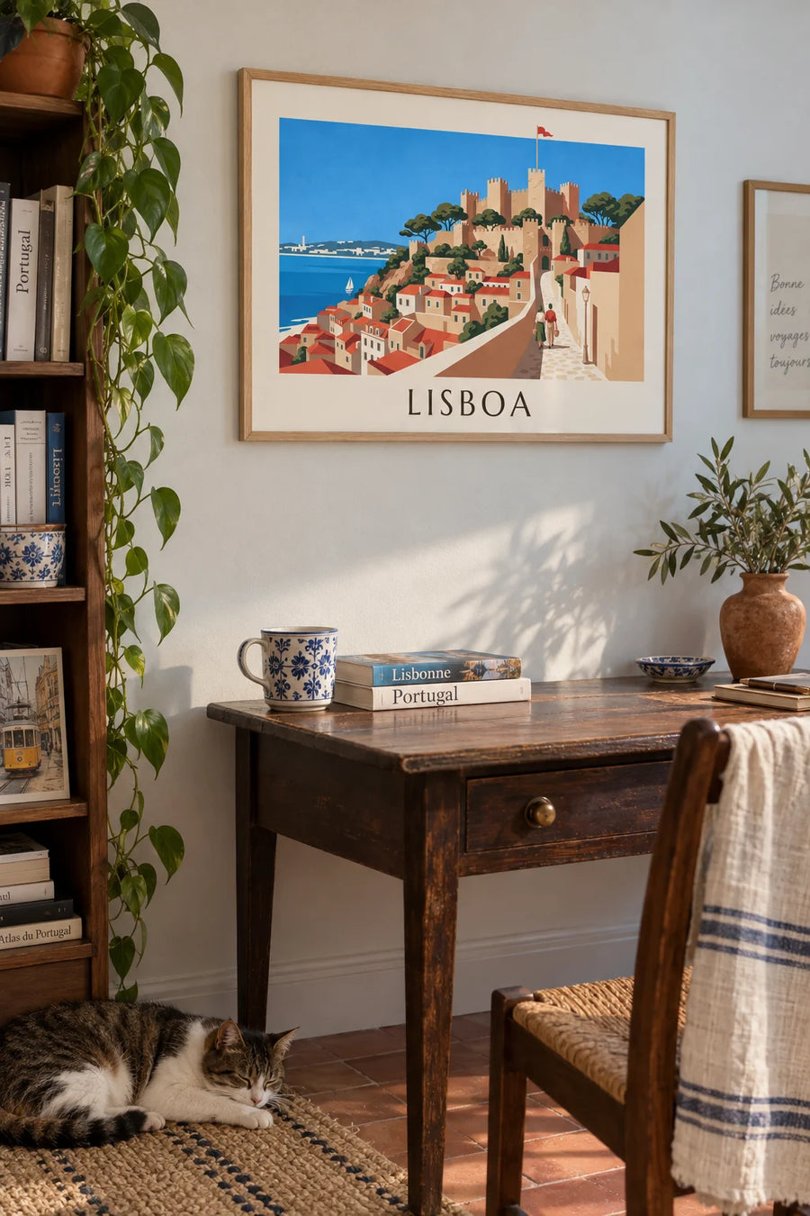 Poster Burg São Jorge und die Dächer der Alfama in Lissabon: gerahmt an der Wand