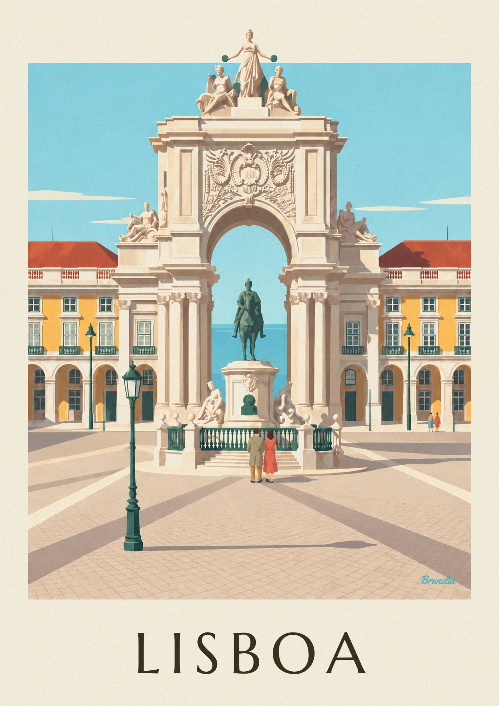 Die gelbe Fassade mit weißen Fenstern, grünen Balkonen und Arkaden an der Praça do Comércio