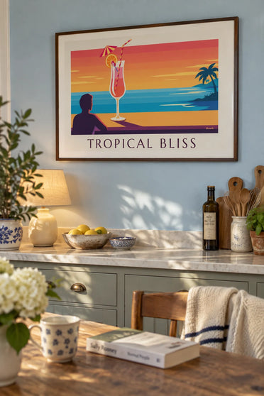 Poster of an exotic cocktail on a beach bar at sunset: framed on the wall