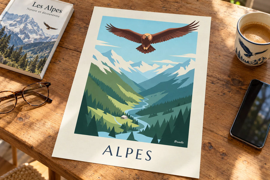 Poster Steinadler über einem Alpental: auf einem Tisch