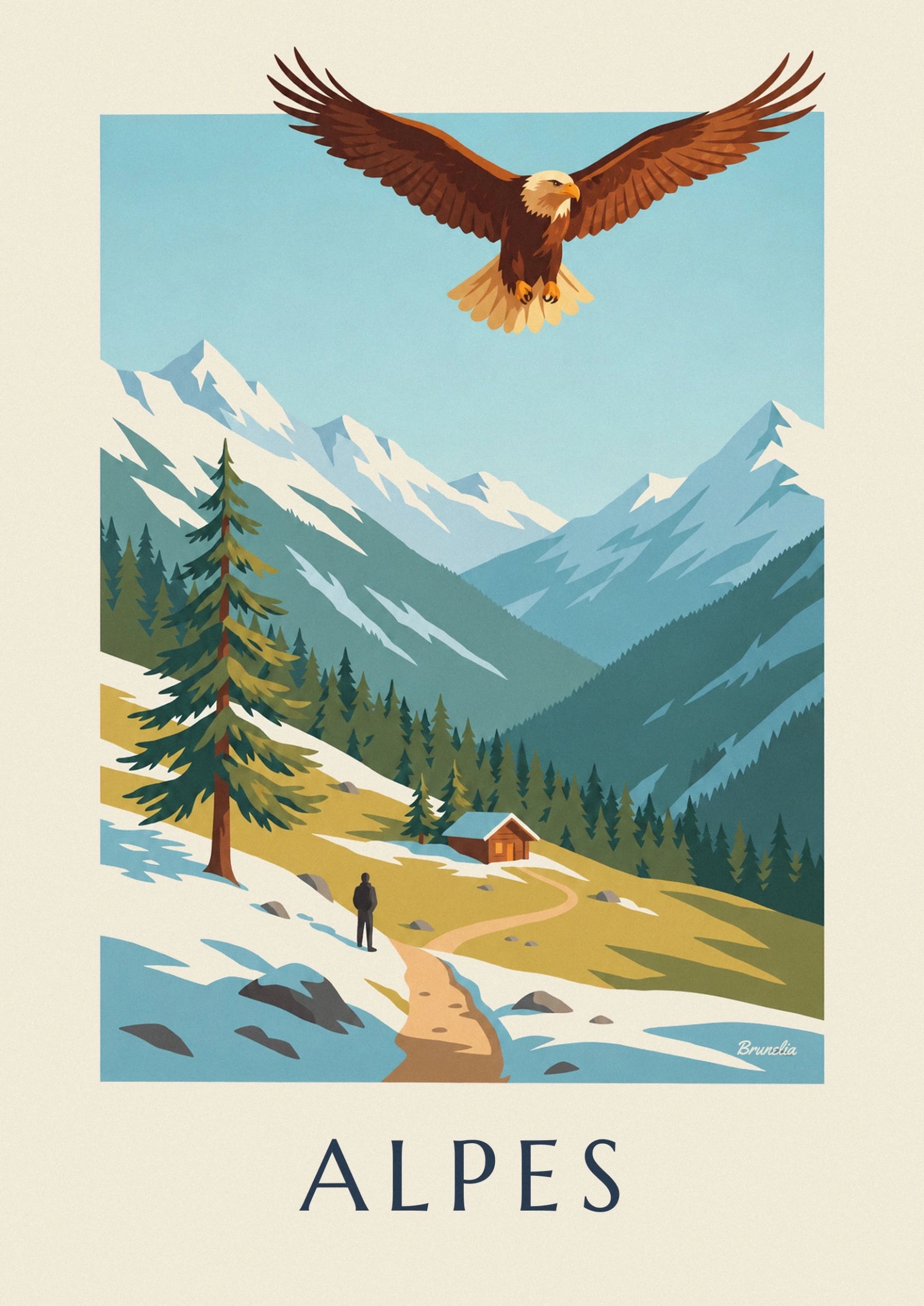 An eagle with outstretched wings and a white head above snowy peaks