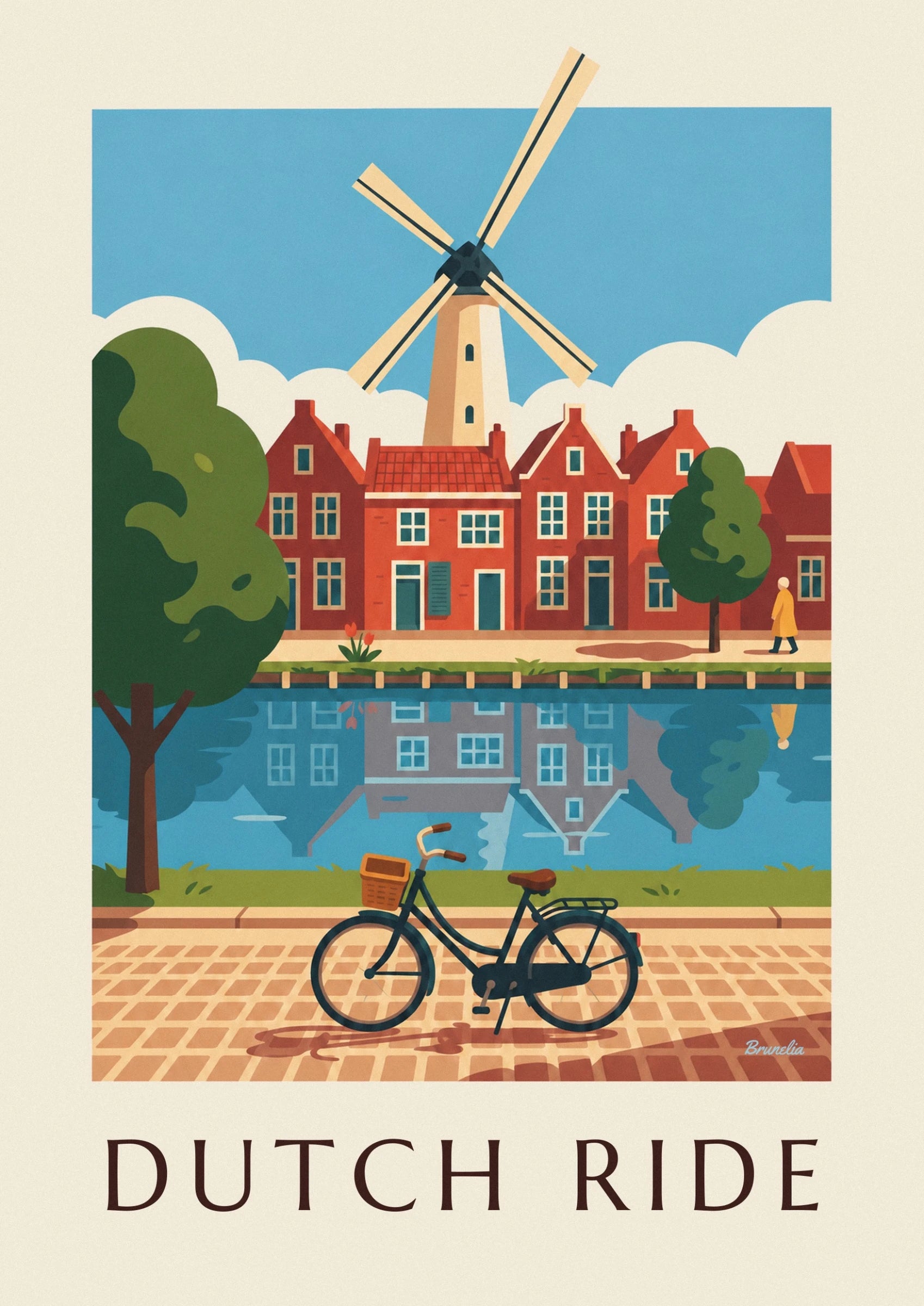 The black Dutch bicycle with its brown basket, beside the canal and cobblestones
