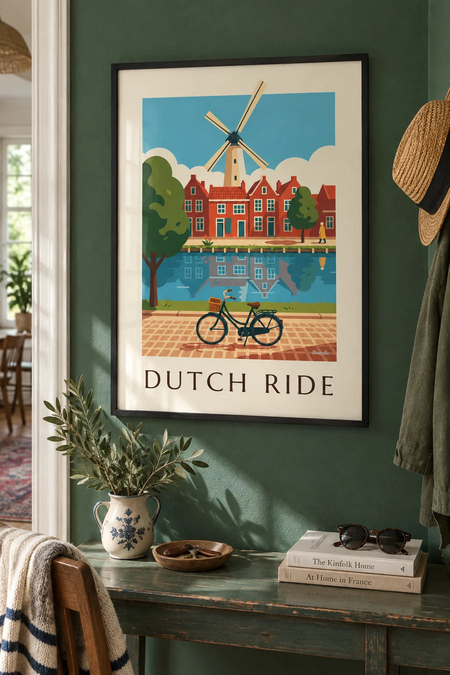 Poster of a Dutch bicycle and red-roofed houses: framed on the wall