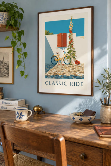 Poster of a classic mustard yellow and blue bicycle: framed on the wall