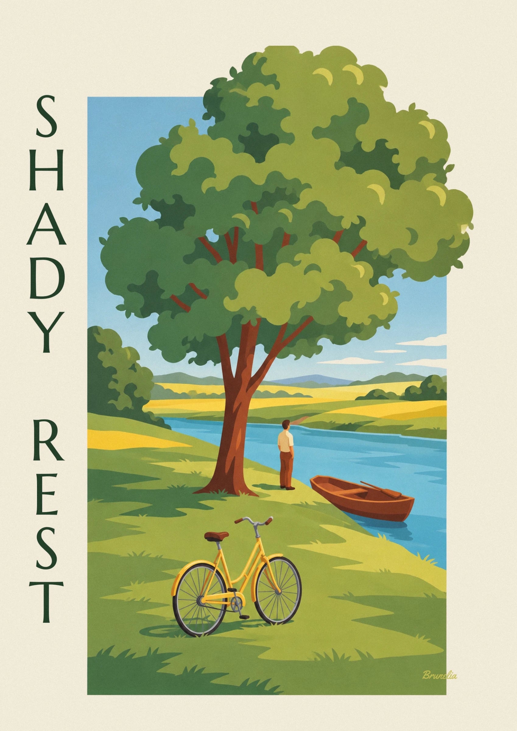 Le vélo jaune à selle brune posé sur l'herbe, avec ses grandes roues à rayons