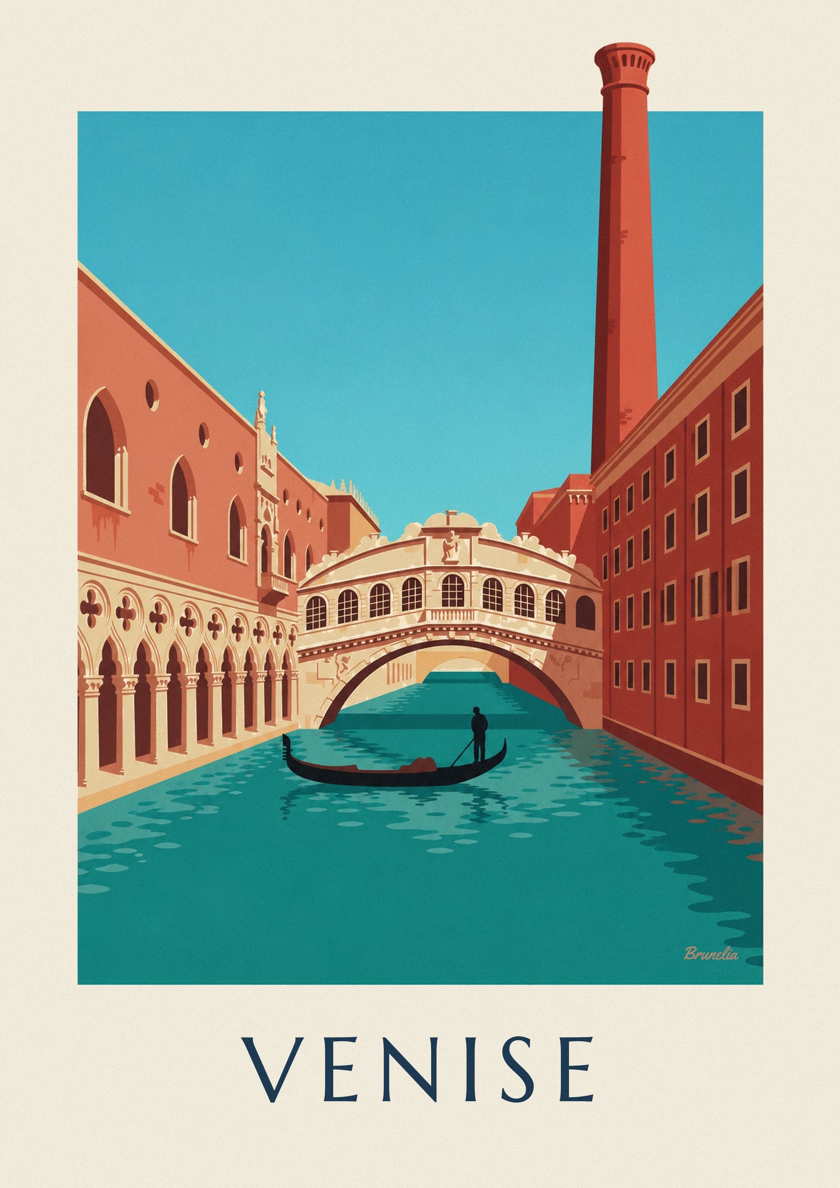 The pont des Soupirs with its arched windows and a gondola on the turquoise canal