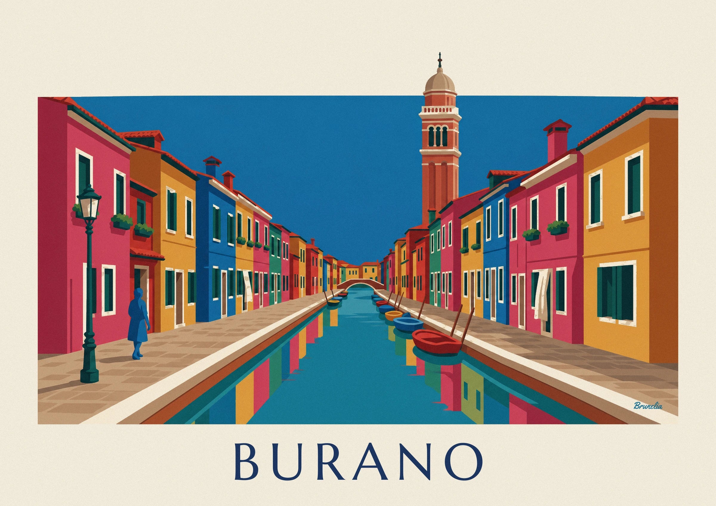 Poster Kanal und bunte Häuser von Burano, schiefer Campanile: Detail in Nahaufnahme