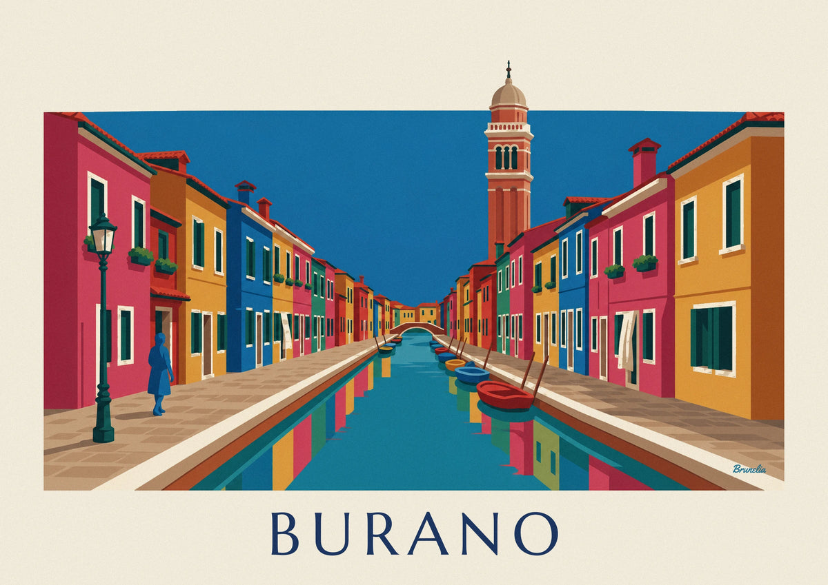Poster Kanal und bunte Häuser von Burano, schiefer Campanile