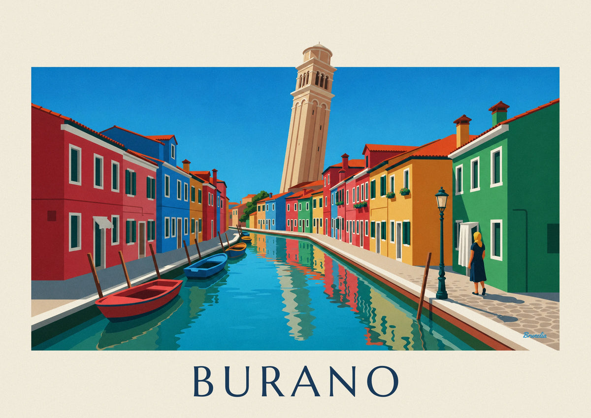 Affiche canal et maisons colorées de Burano, campanile penché