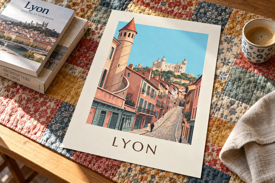 Affiche façades Renaissance du Vieux Lyon et Fourvière : posée sur une table