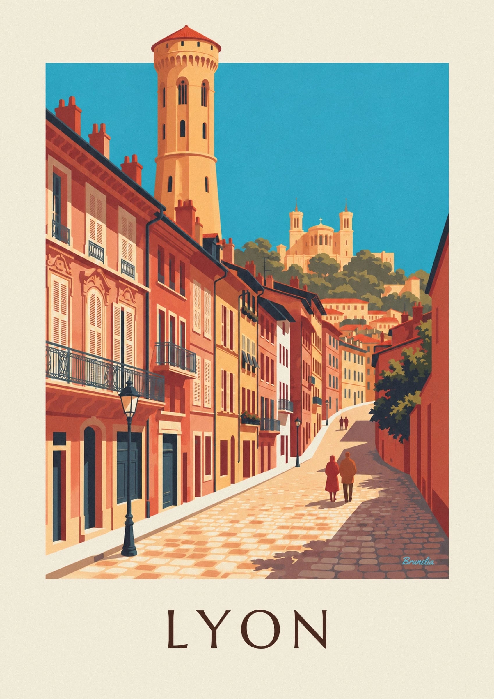 The ochre tower with a red roof above the façades and chimneys of Vieux Lyon