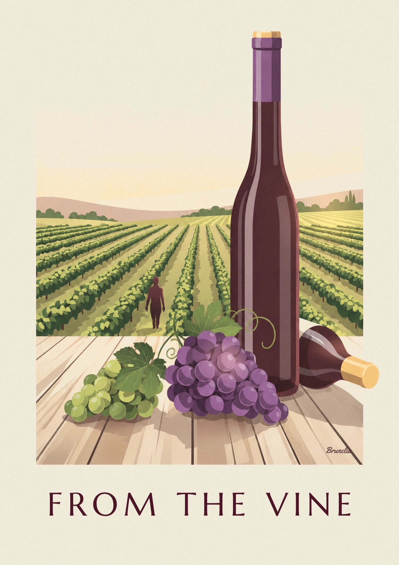 Eine Traube schwarzer Trauben vor einer Flasche Rotwein, neben den Weinreben
