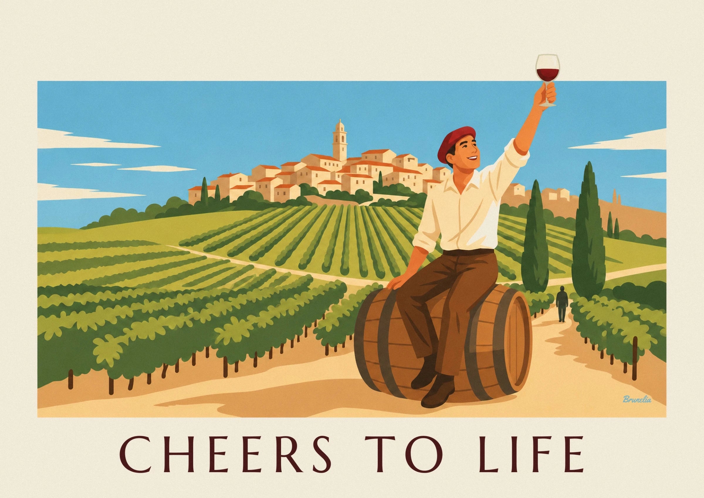 Man on a wine barrel raising his glass poster: close-up detail