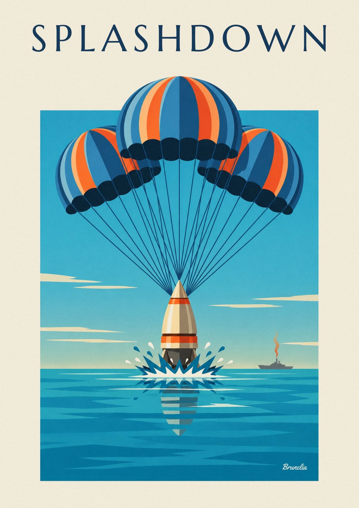 Space capsule splashing down in the ocean poster