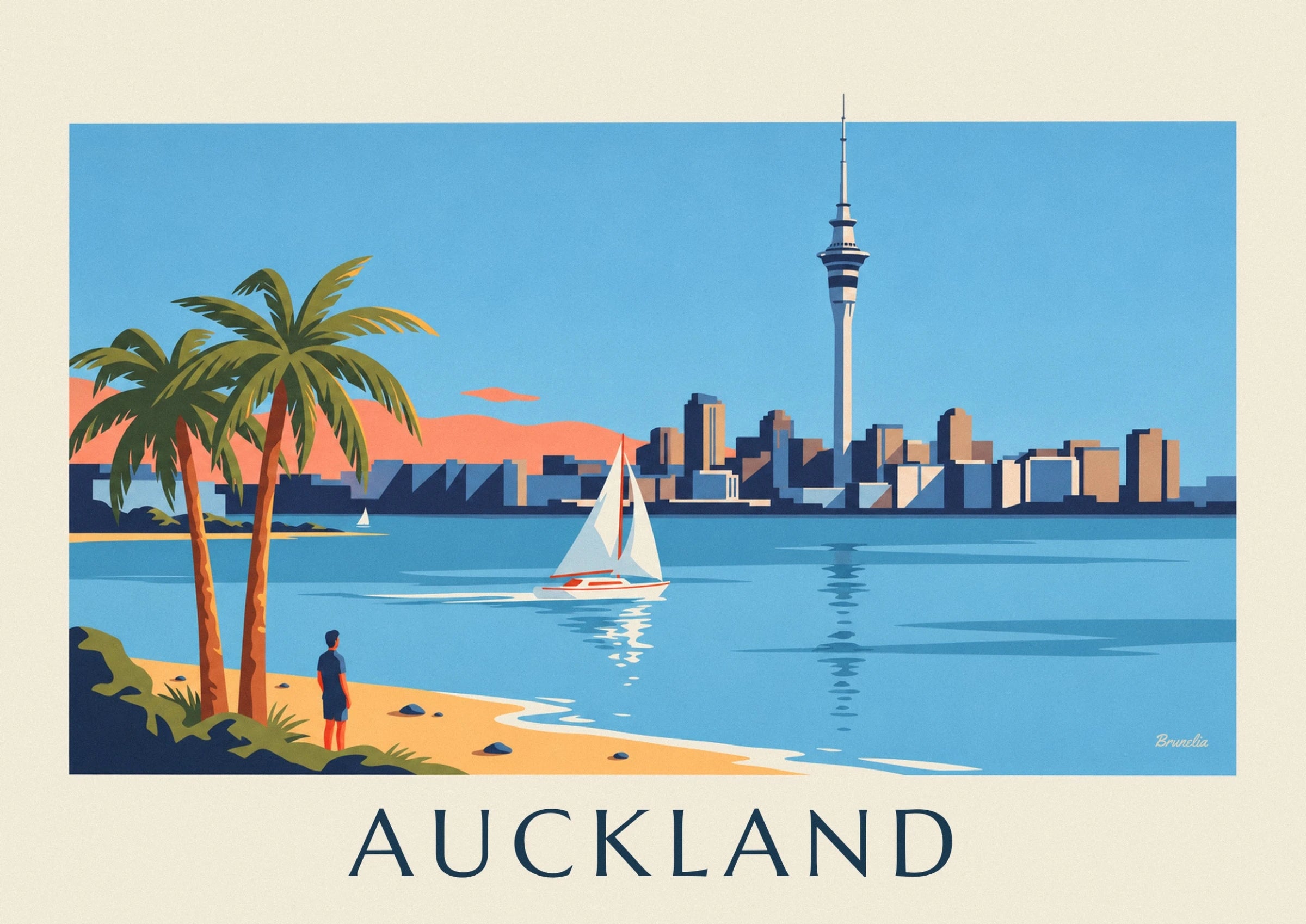 The sailing boat with white sails and its reflections in the blue harbour of Auckland
