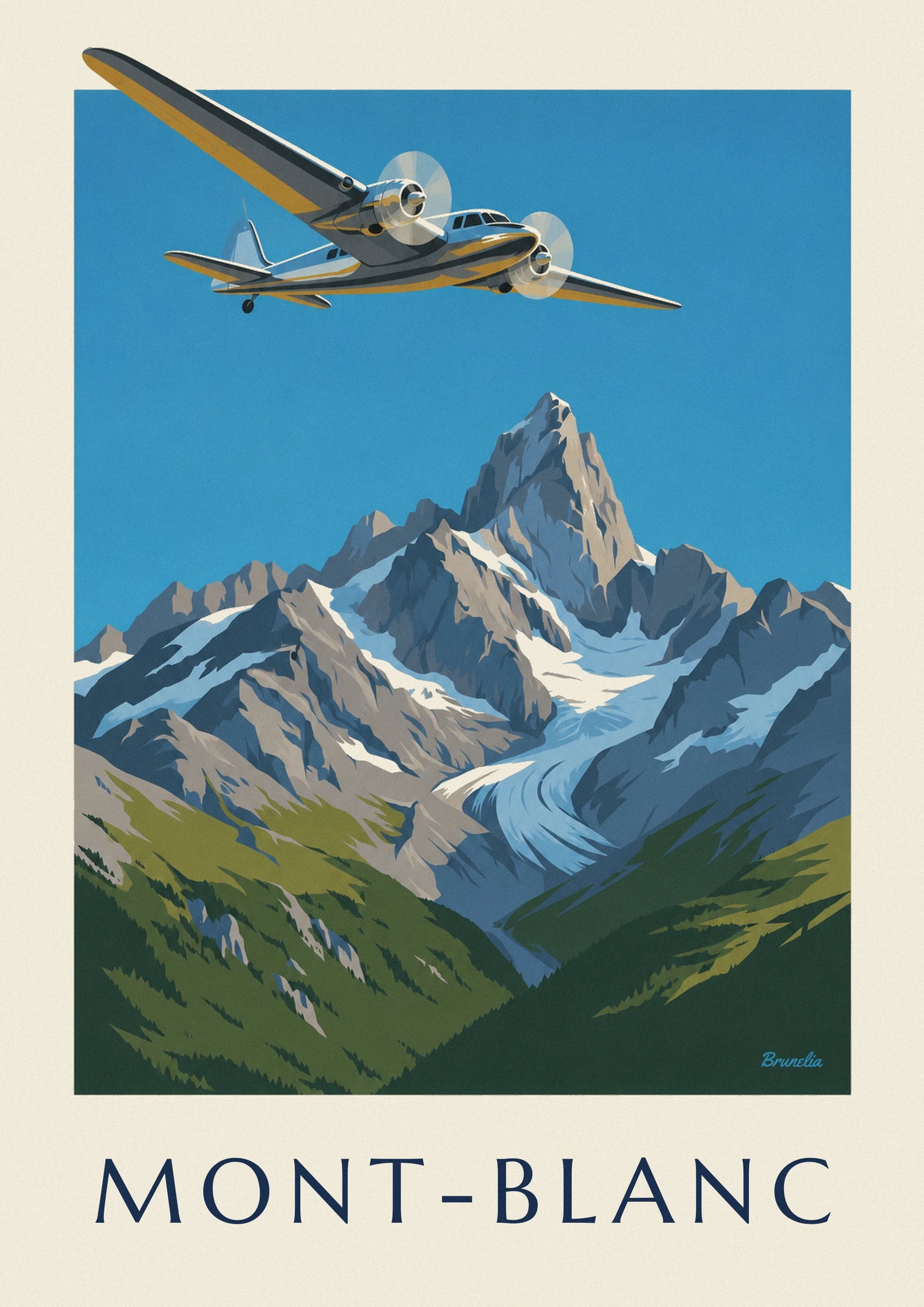The silver and ochre twin-engine plane, its propellers spinning, facing a rocky peak