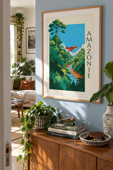 Poster of a propeller plane flying over the Amazon rainforest: framed on the wall