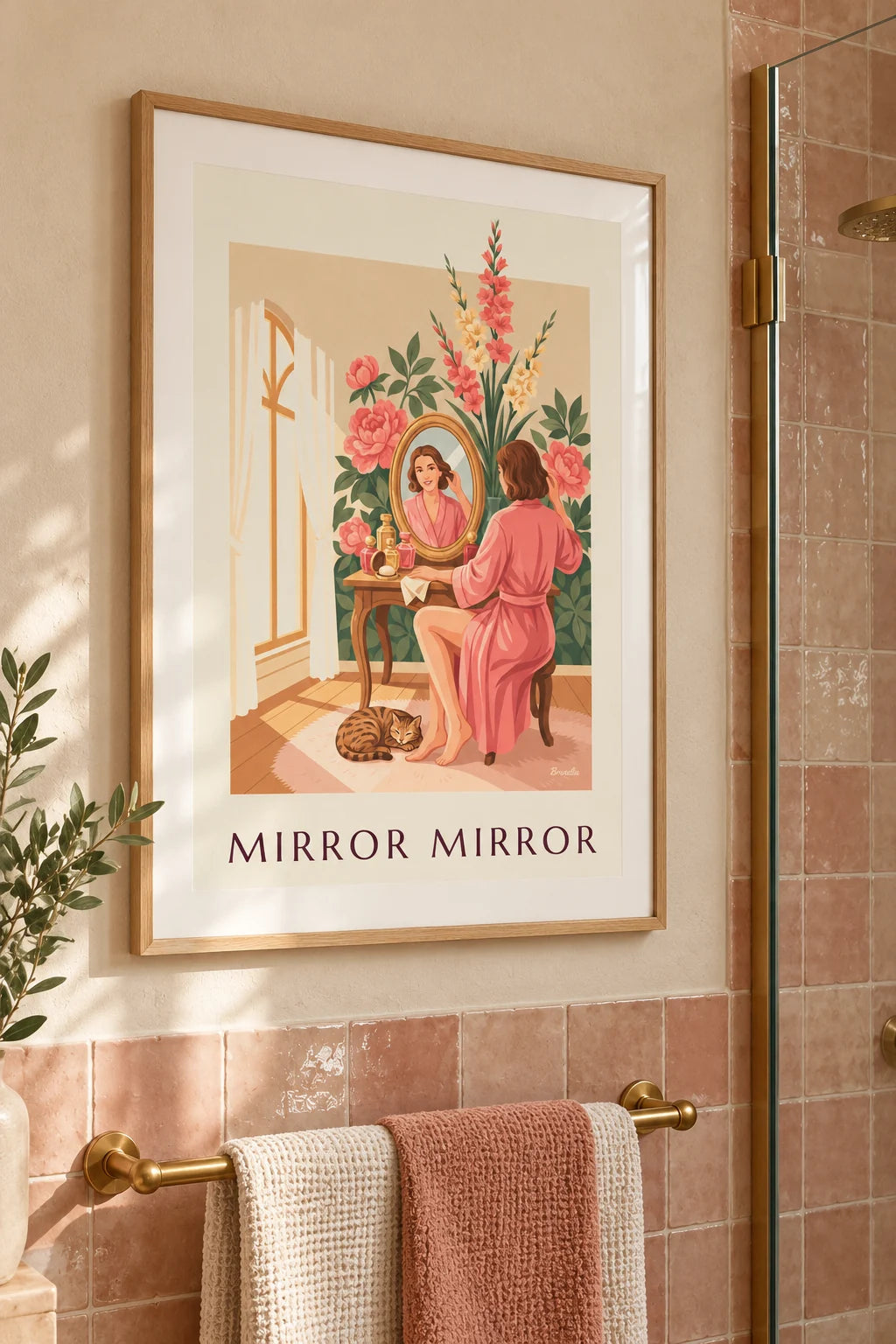 Woman at a vanity mirror with floral background poster on the wall