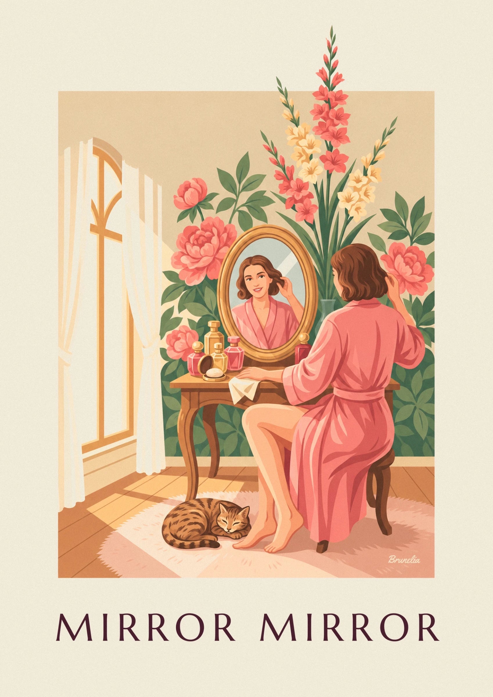 Das Spiegelbild einer Frau im rosa Morgenmantel in einem goldenen Spiegel zwischen Flakons