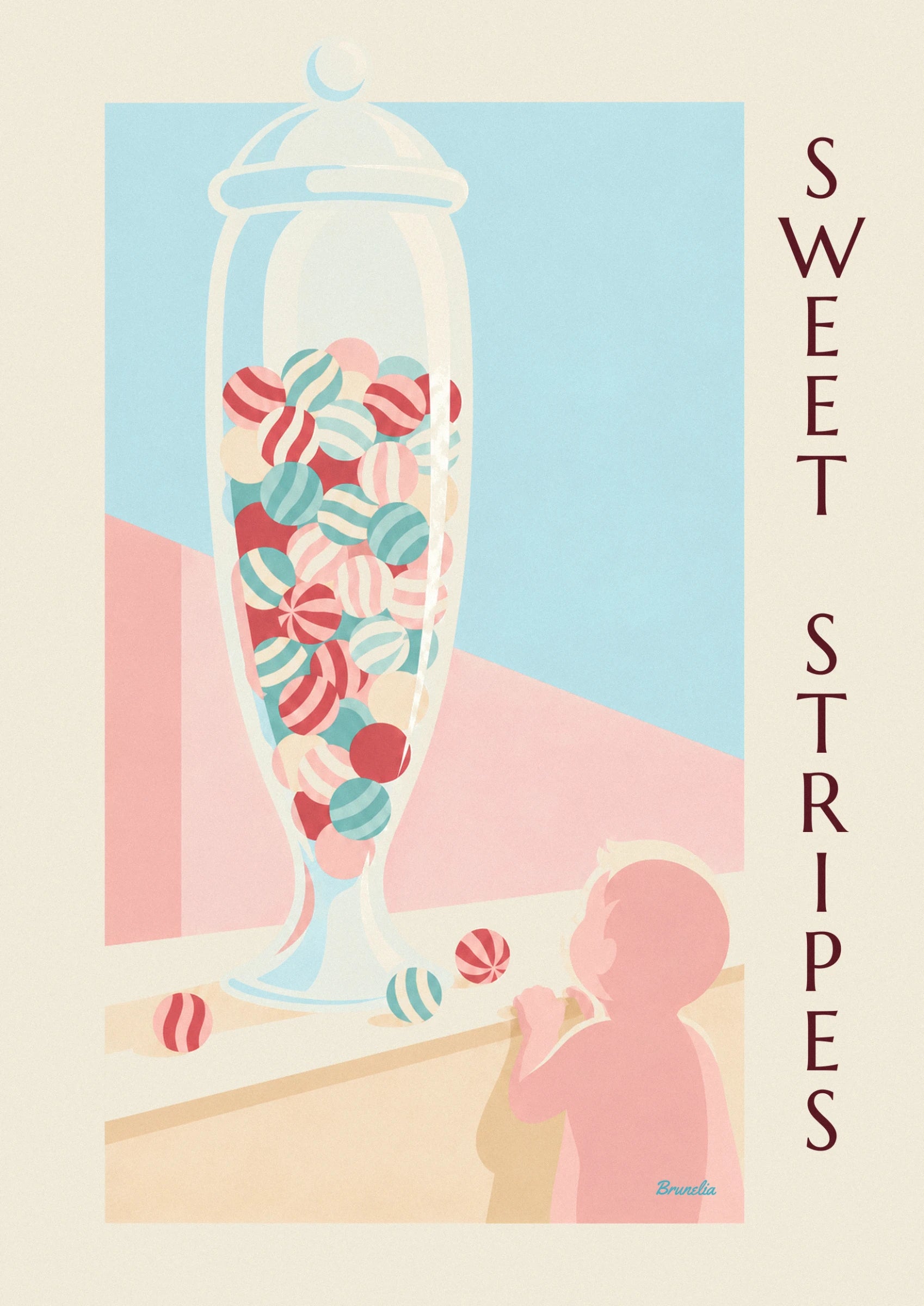 Die rot, rosa und türkis gestreiften Bonbons, aufgehäuft im Glas
