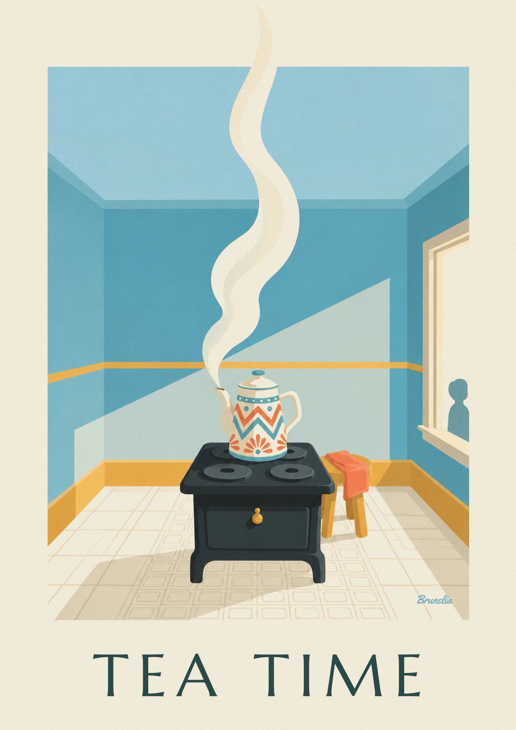 The cream kettle with turquoise and coral patterns on the black cooker