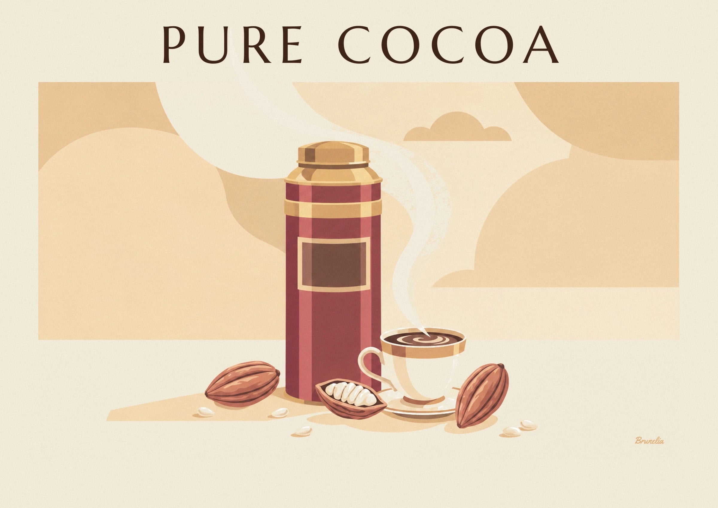 Affiche boîte de cacao et tasse de chocolat chaud : détail en gros plan