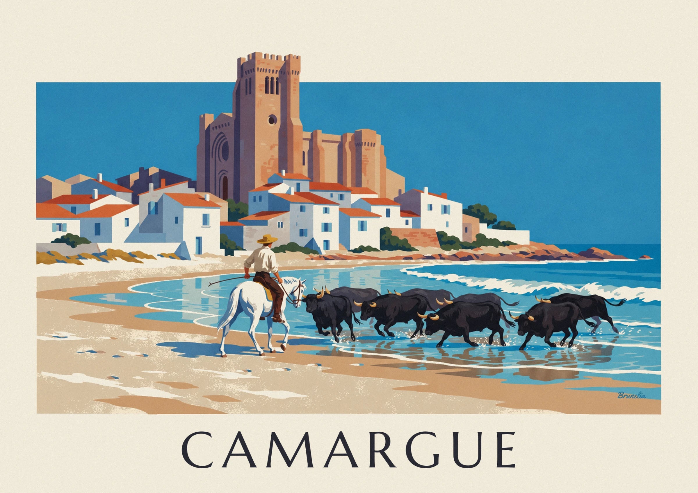 Le gardian en chemise claire et chapeau de paille sur son cheval blanc, face aux taureaux dans les vagues